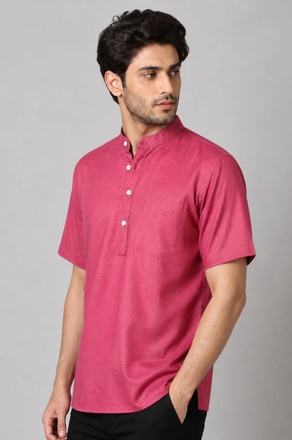 Men’s Rose Pink Mandarin Collar Cotton Short Kurta Shirt with Pocket