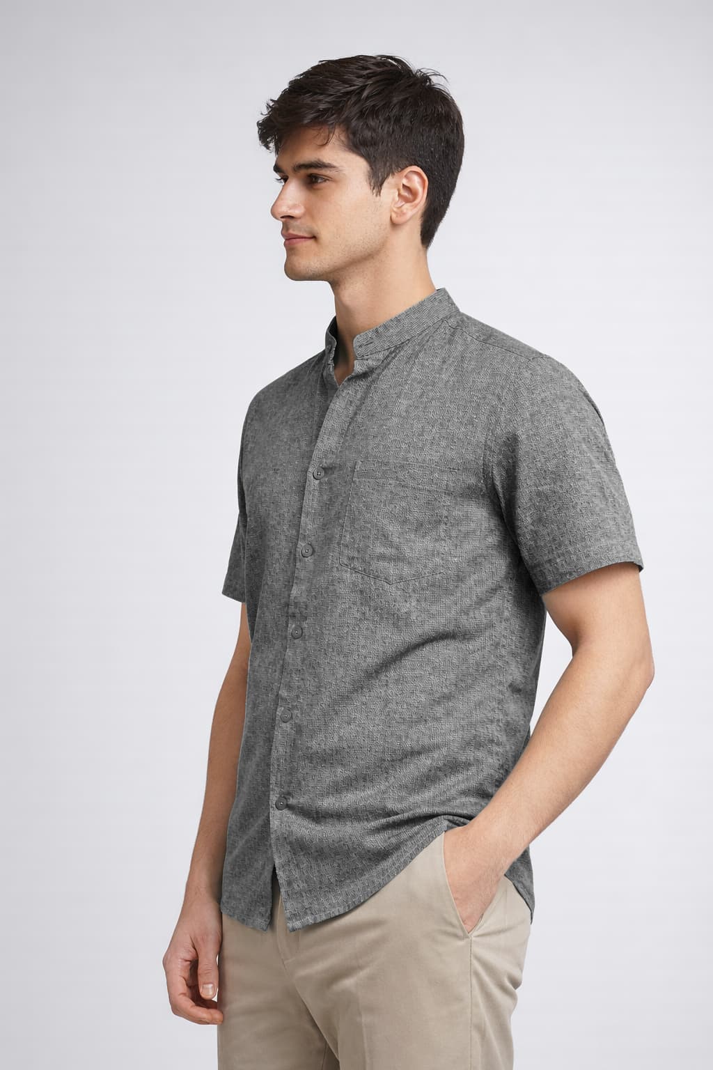 Men’s Grey Mandarin Collar Cotton Shirt