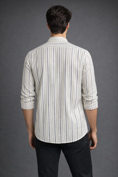Men’s Olive Grey Striped Mandarin Collar Cotton Shirt