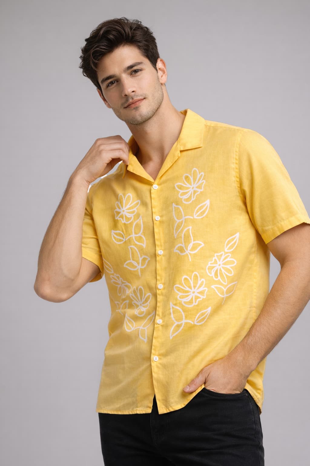 Yellow Floral Print Panel Shirt