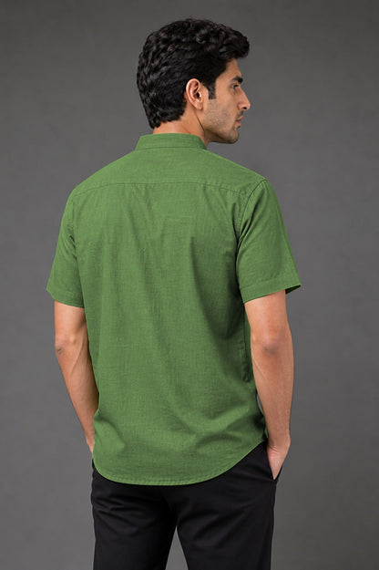 Olive Green Mandarin Collar Cotton Short Kurta Shirt with Pocket