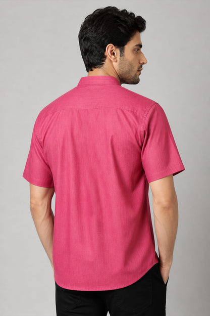 Men’s Rose Pink Mandarin Collar Cotton Short Kurta Shirt with Pocket