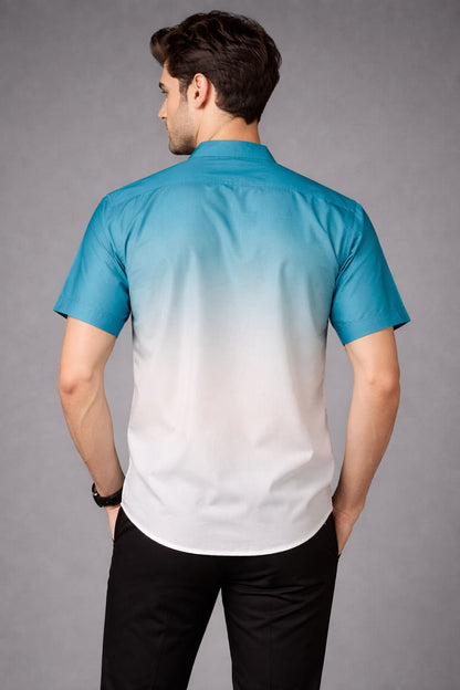 Teal Ombre Mandarin Collar Cotton Shirt