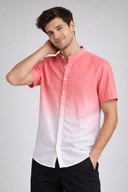 Coral Ombre Mandarin Collar Cotton Shirt
