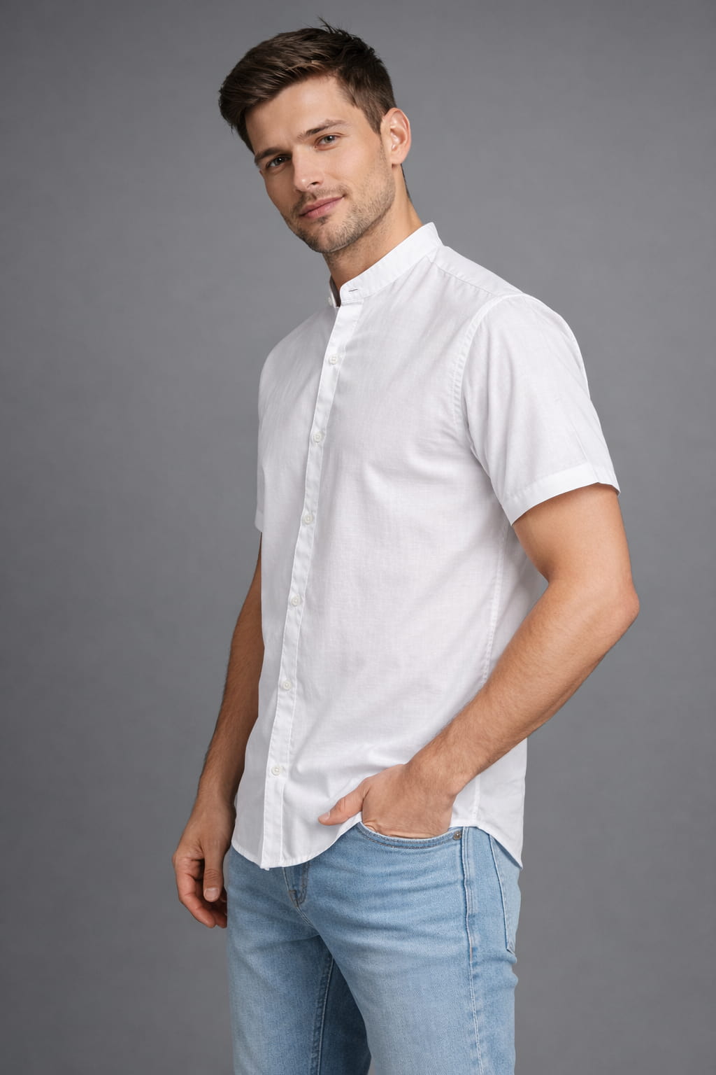 Men’s White Mandarin Collar Casual Shirt