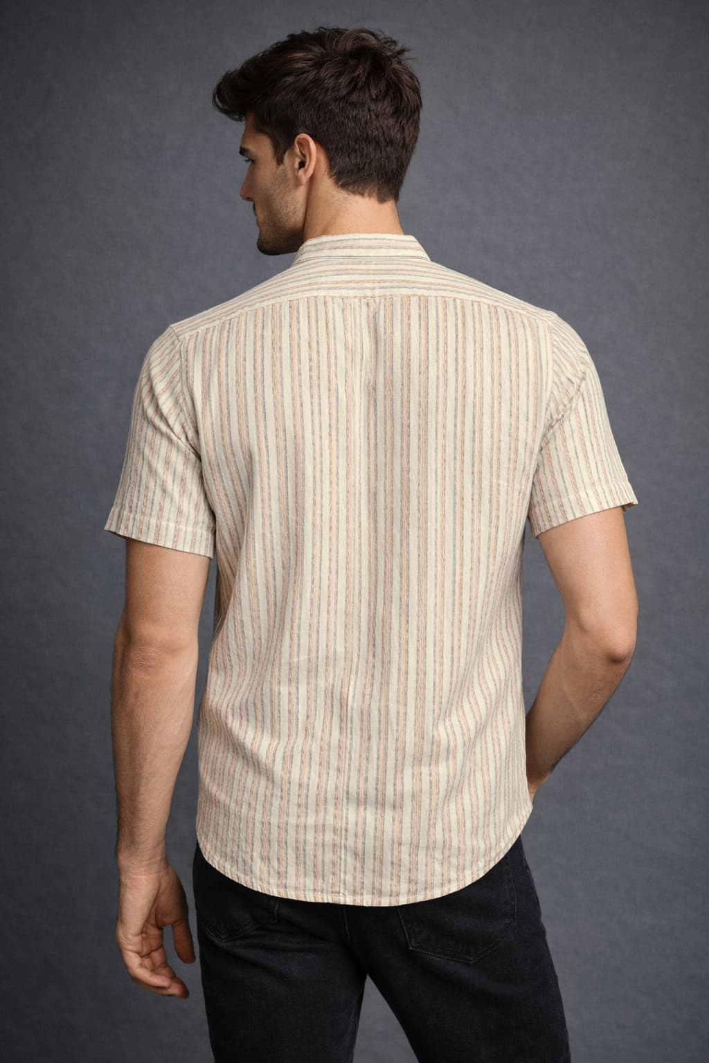 Beige Striped Mandarin Collar Shirt