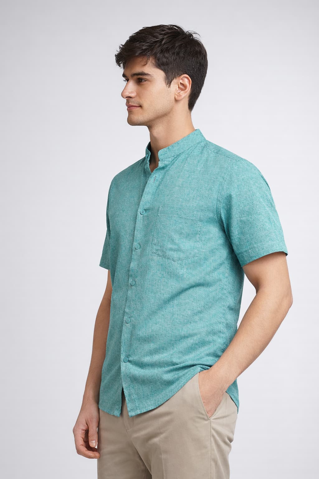 Men’s Sea Green Mandarin Collar Cotton Shirt