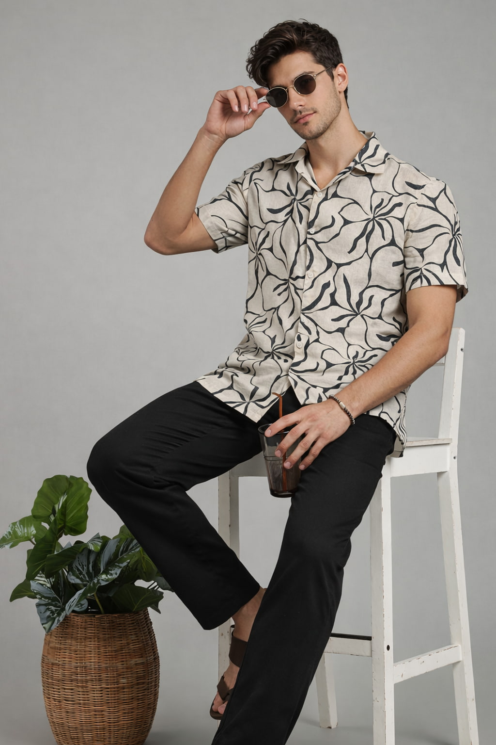 Cream & Black Abstract Floral Shirt