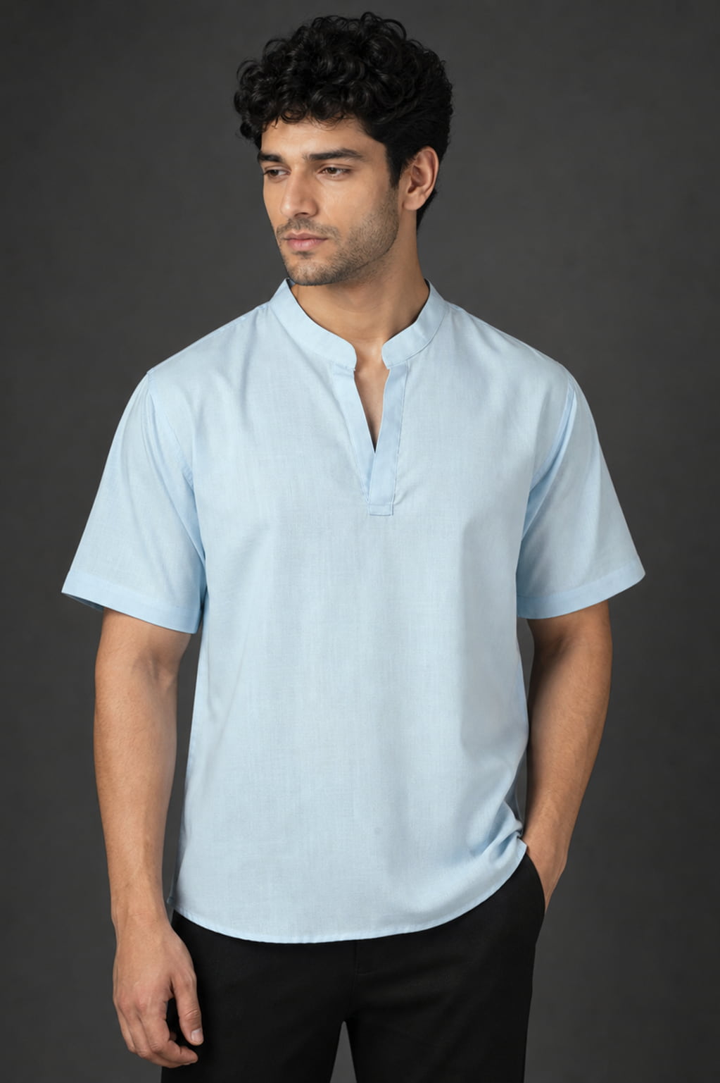Sky Blue Mandarin Collar Cotton Short Kurta Shirt