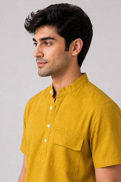 Mustard Yellow Mandarin Collar Cotton Short Kurta Shirt with Pocket
