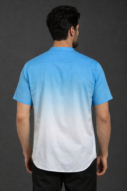 Blue Ombre Mandarin Collar Cotton Shirt