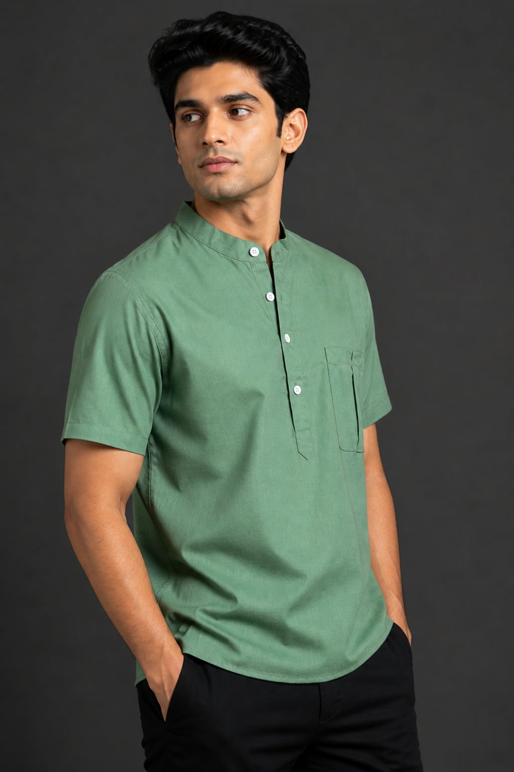 Sage Green Mandarin Collar Cotton Short Kurta Shirt with Pocket