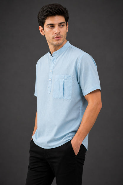 Sky Blue Mandarin Collar Cotton Short Kurta Shirt with Pocket