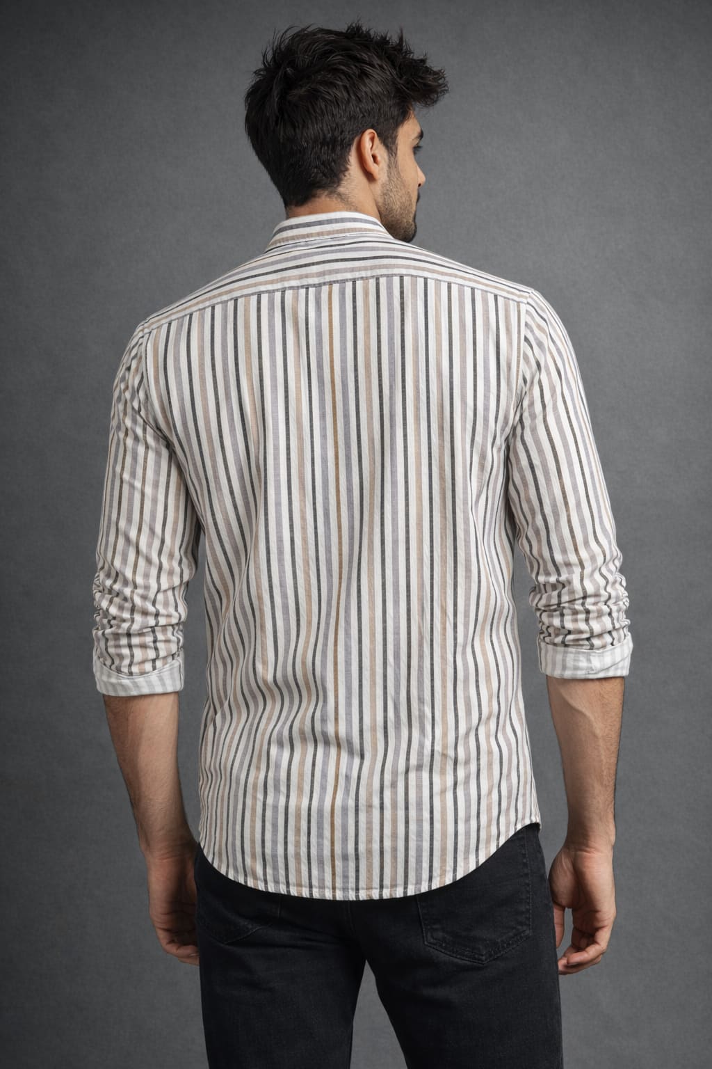 Men’s Off White Multi Stripe Mandarin Collar Cotton Shirt