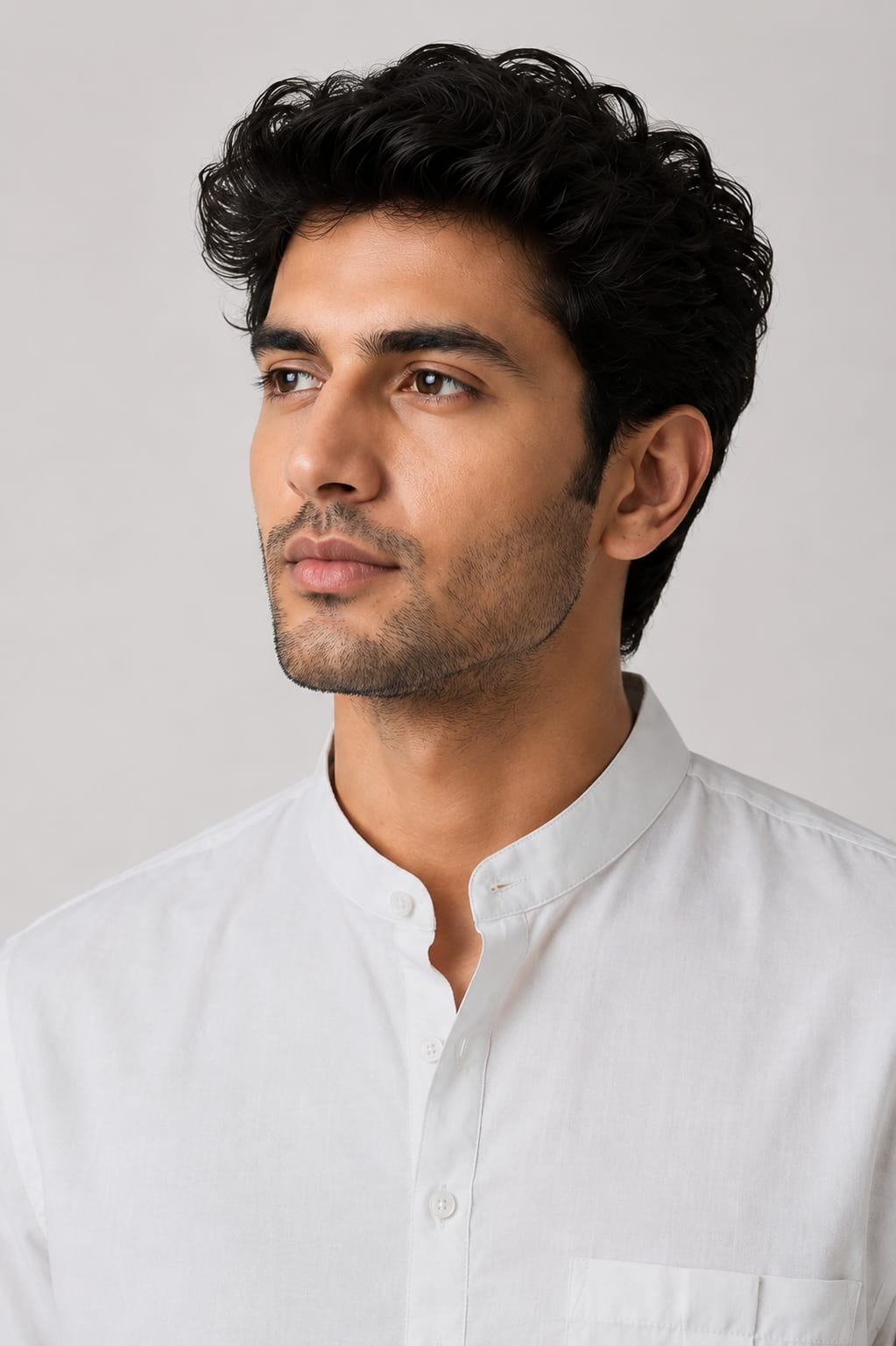 Classic White Mandarin Collar Cotton Short Kurta Shirt with Pocket