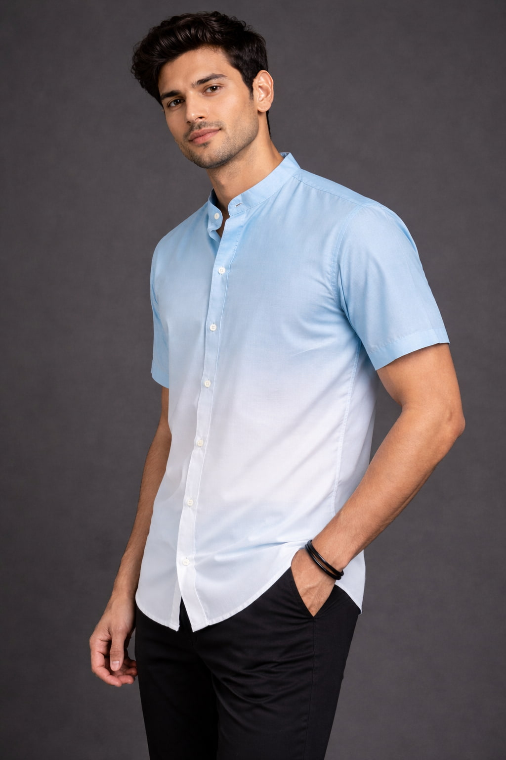 Sky Blue Ombre Mandarin Collar Cotton Shirt