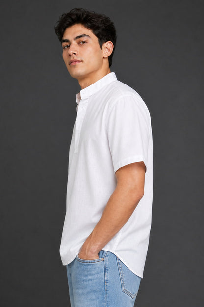 White Mandarin Collar Cotton Short Kurta Shirt