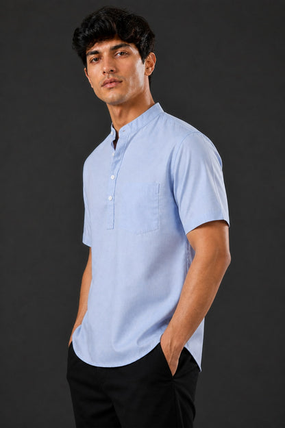 Ice Blue Mandarin Collar Cotton Short Kurta Shirt with Pocket