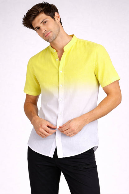 Yellow Ombre Mandarin Collar Cotton Shirt