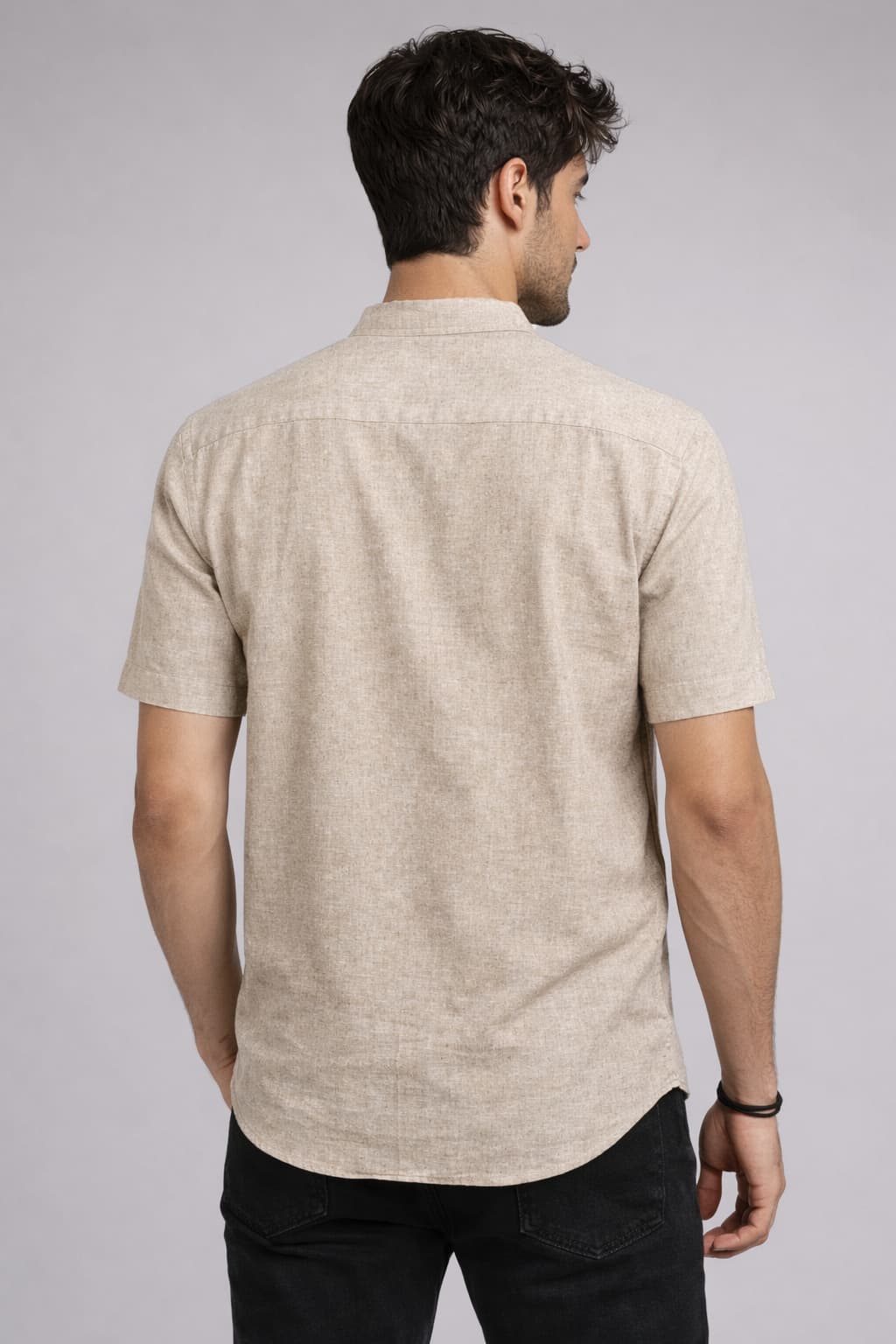 Men’s Beige Mandarin Collar Cotton Shirt