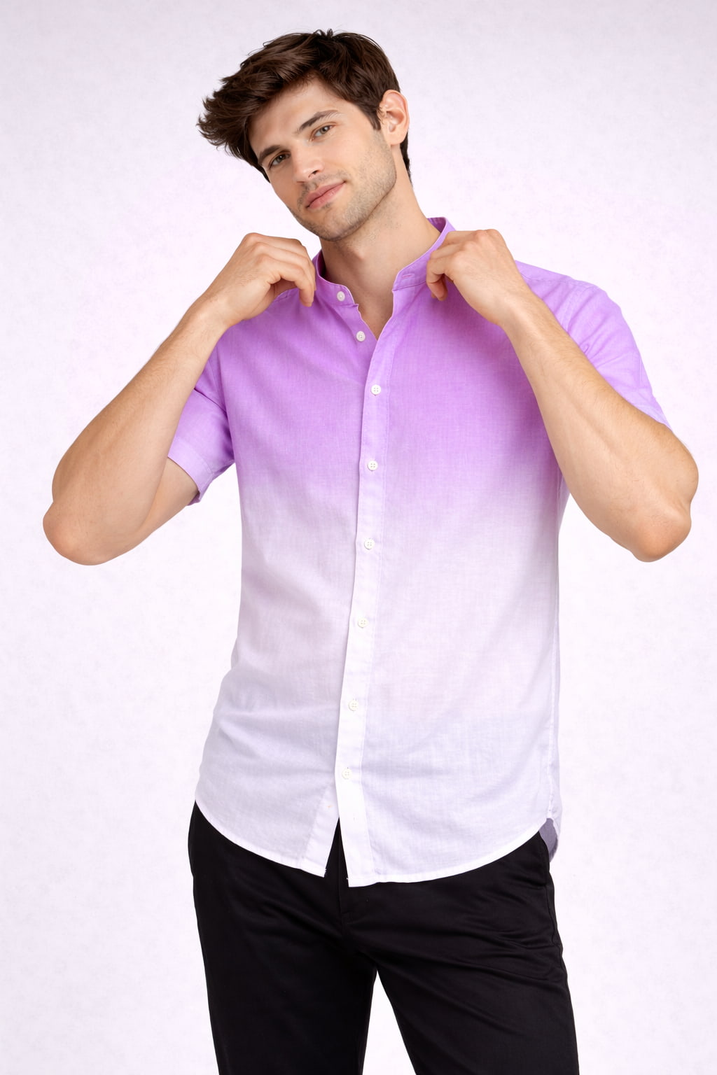 Purple Ombre Mandarin Collar Cotton Shirt