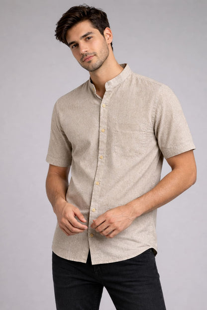 Men’s Beige Mandarin Collar Cotton Shirt