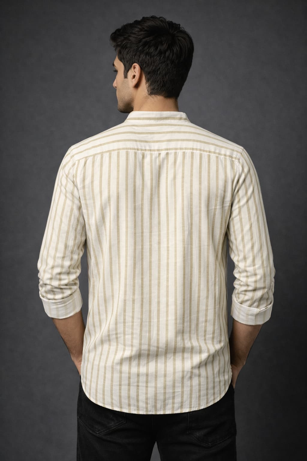 Beige Striped Mandarin Collar Short Kurta Shirt