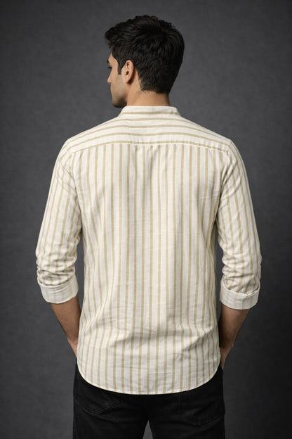 Beige Striped Mandarin Collar Short Kurta Shirt