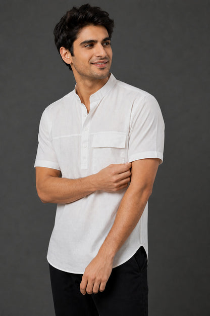Men’s White Mandarin Collar Cotton Short Kurta Shirt with Pocket