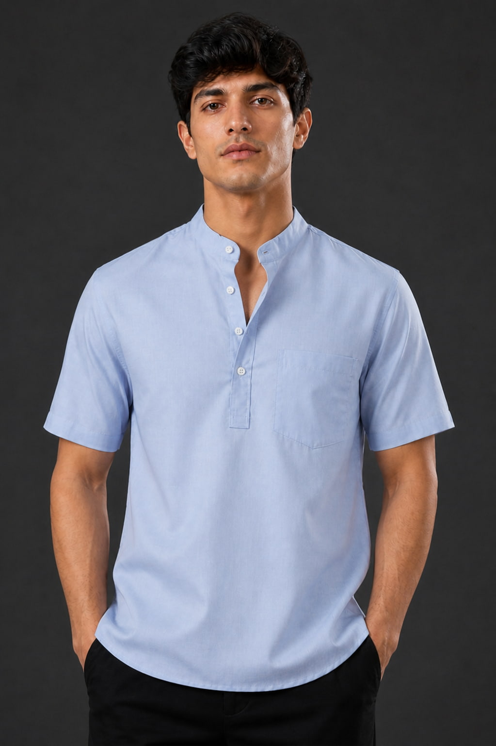 Ice Blue Mandarin Collar Cotton Short Kurta Shirt with Pocket