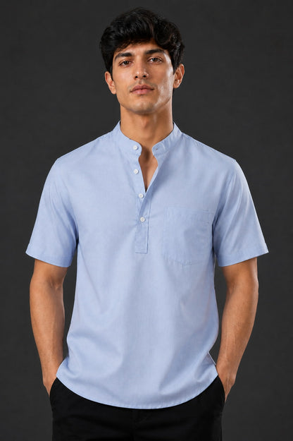 Ice Blue Mandarin Collar Cotton Short Kurta Shirt with Pocket