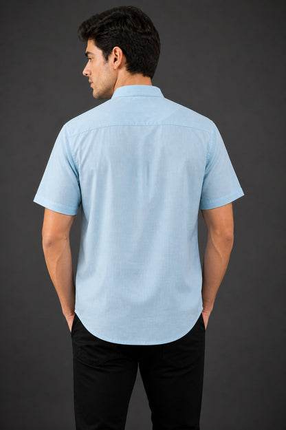 Sky Blue Mandarin Collar Cotton Short Kurta Shirt with Pocket