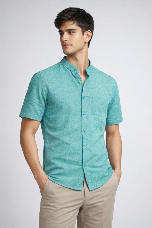 Men’s Sea Green Mandarin Collar Cotton Shirt