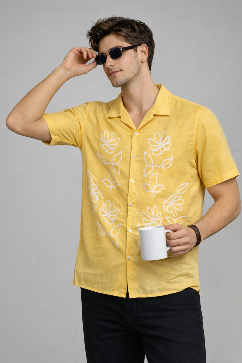 Yellow Floral Print Panel Shirt
