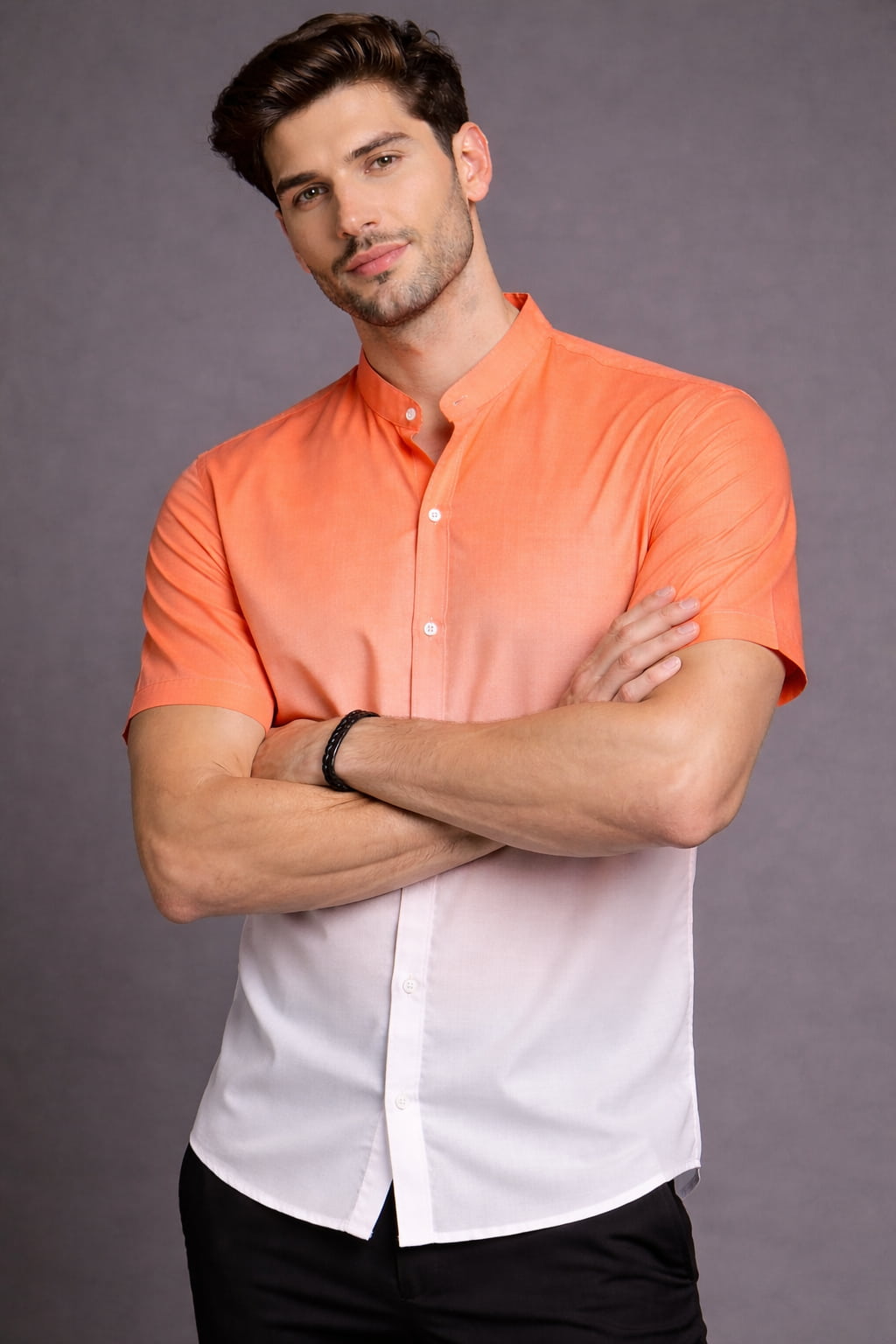 Orange Ombre Mandarin Collar Cotton Shirt
