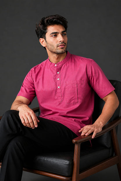Rose Pink Mandarin Collar Cotton Short Kurta Shirt with Pocket