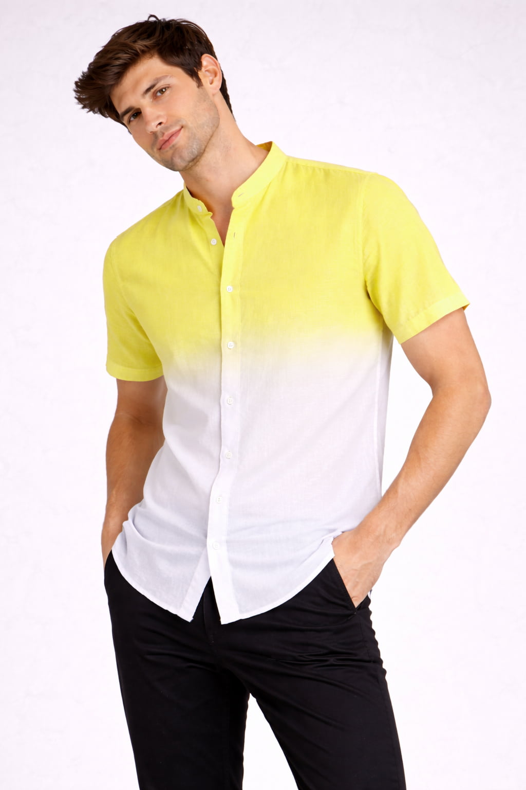 Yellow Ombre Mandarin Collar Cotton Shirt
