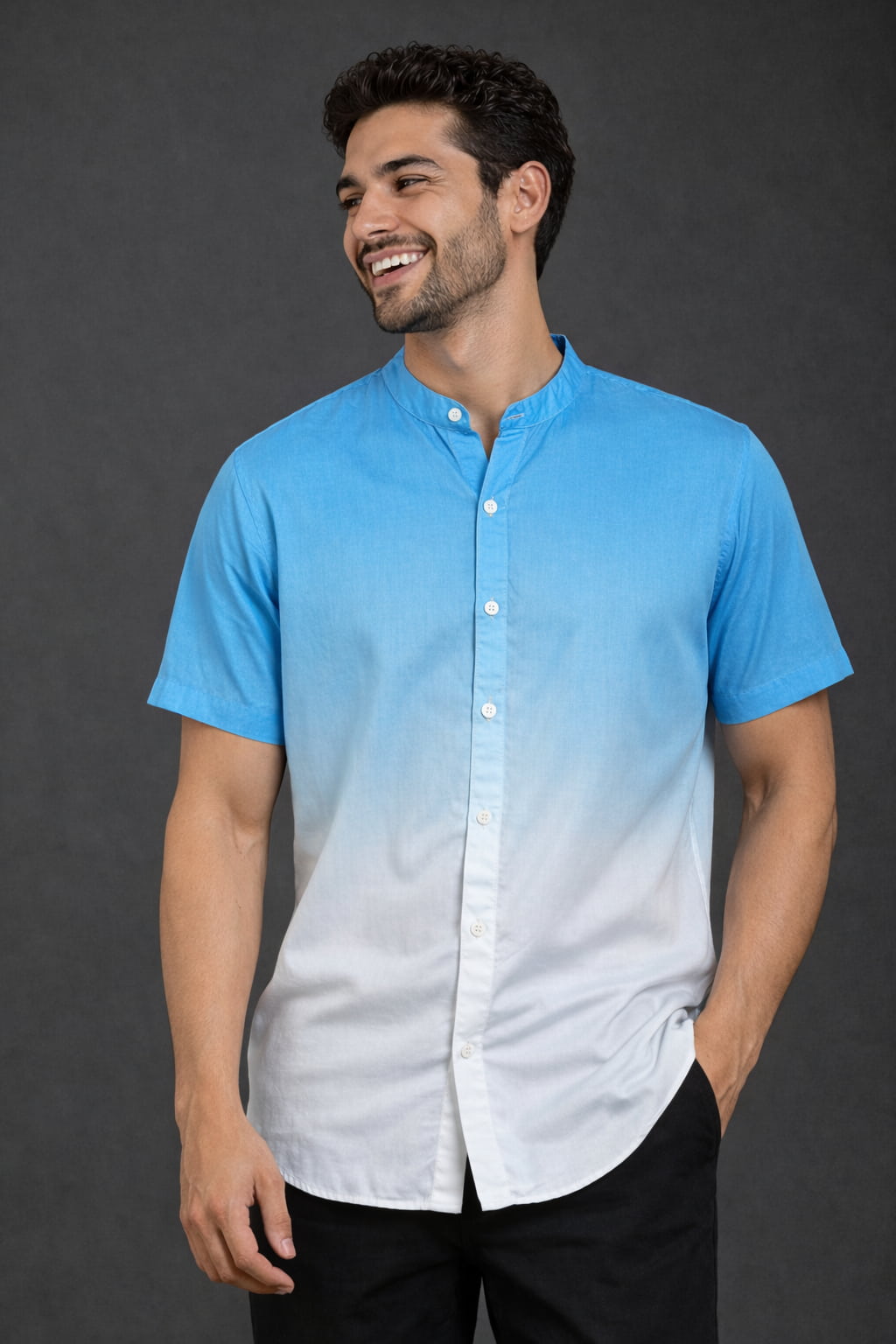 Blue Ombre Mandarin Collar Cotton Shirt