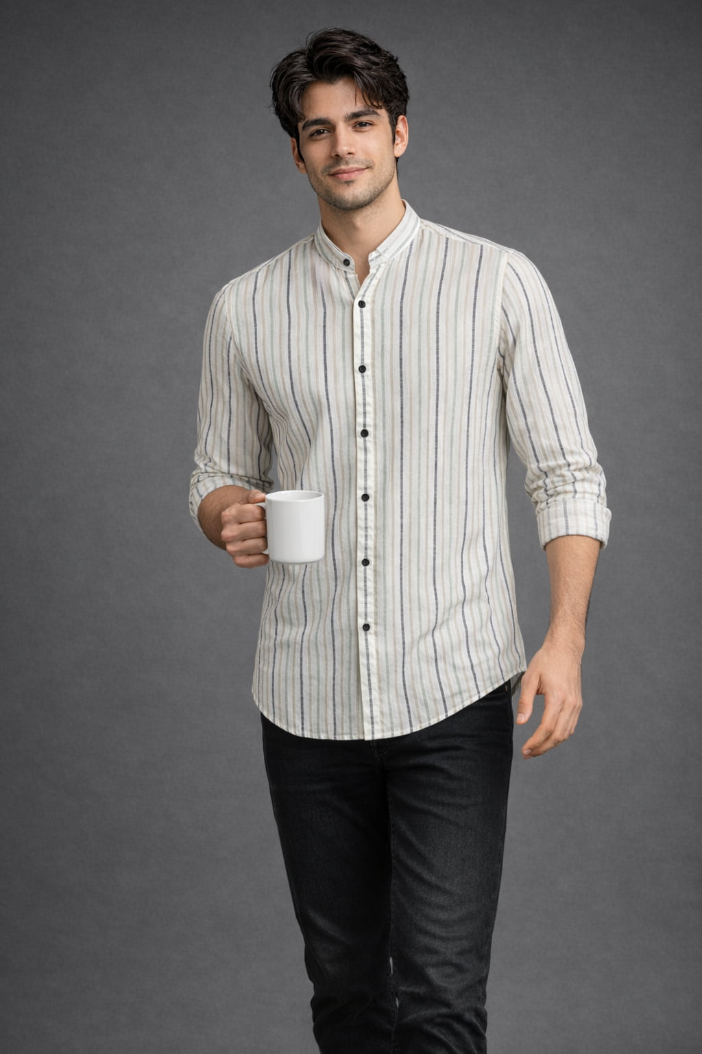 Men’s Olive Grey Striped Mandarin Collar Cotton Shirt