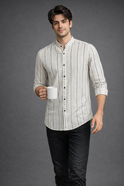 Men’s Olive Grey Striped Mandarin Collar Cotton Shirt