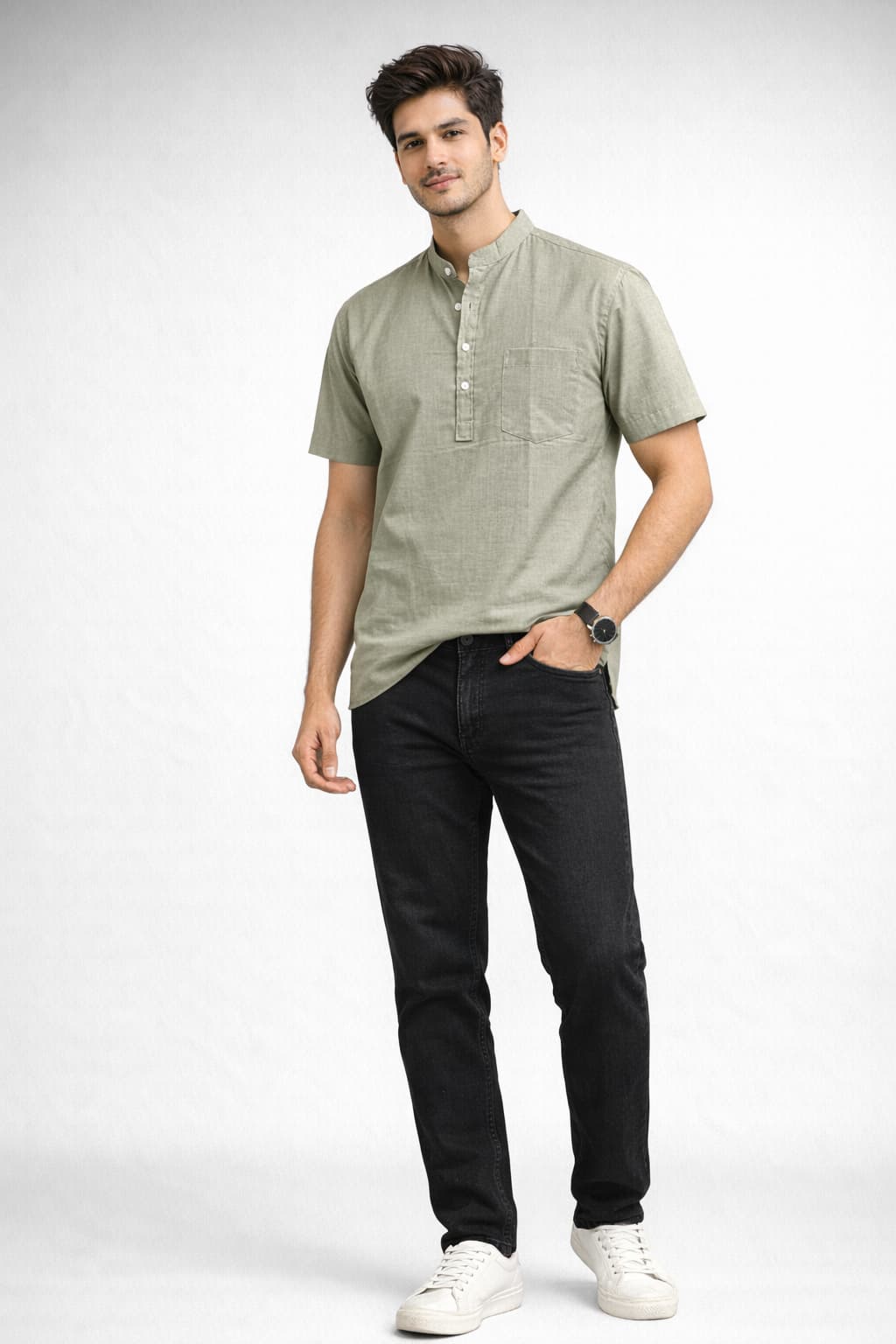 Olive Mandarin Collar Short Kurta