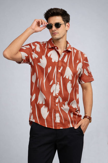 Rust Red Floral Print Shirt