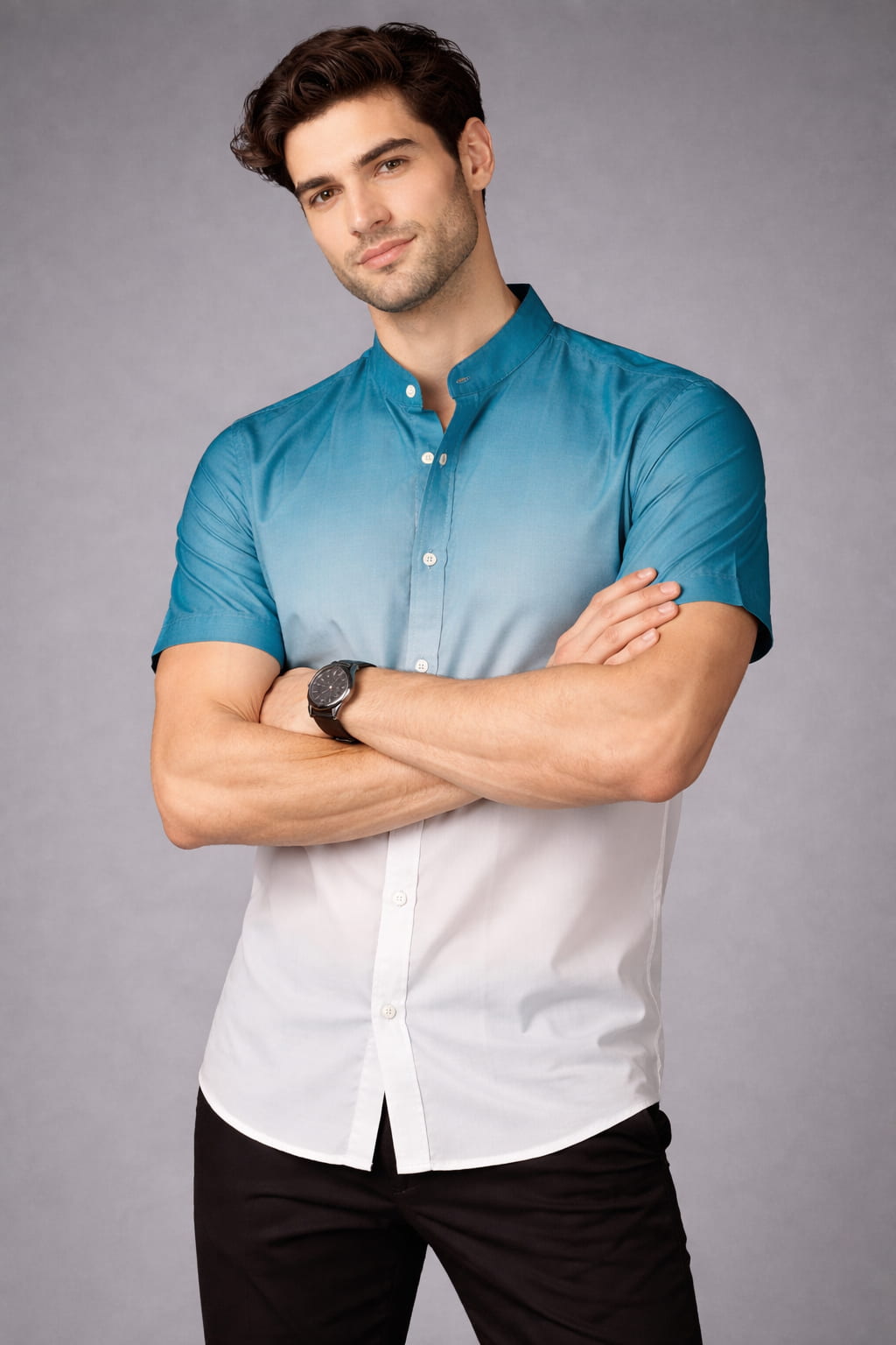 Teal Ombre Mandarin Collar Cotton Shirt