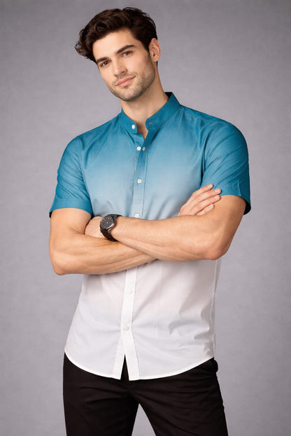 Teal Ombre Mandarin Collar Cotton Shirt