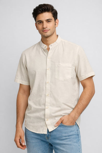 Men’s Cream Mandarin Collar Cotton Shirt