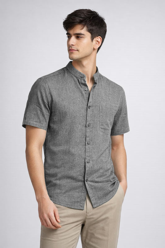 Men’s Grey Mandarin Collar Cotton Shirt