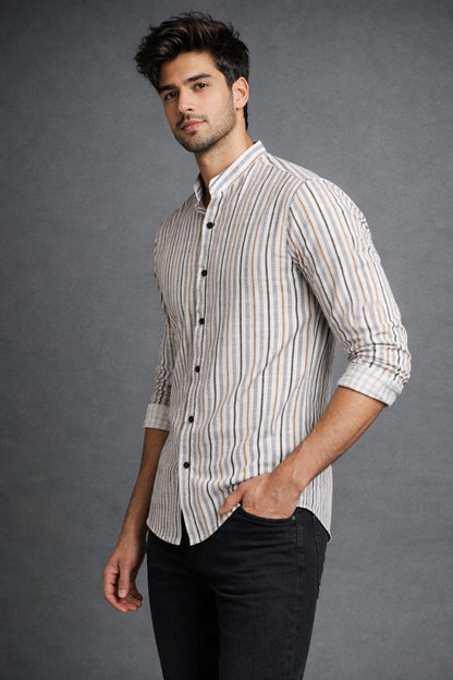 Men’s Off White Multi Stripe Mandarin Collar Cotton Shirt
