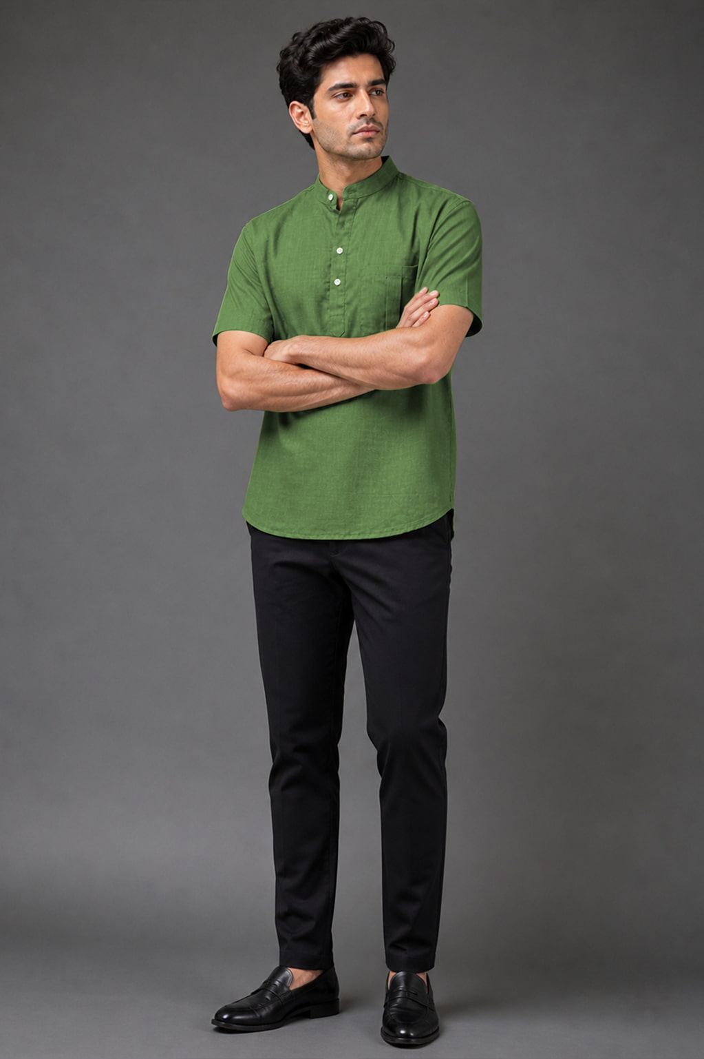Olive Green Mandarin Collar Cotton Short Kurta Shirt with Pocket