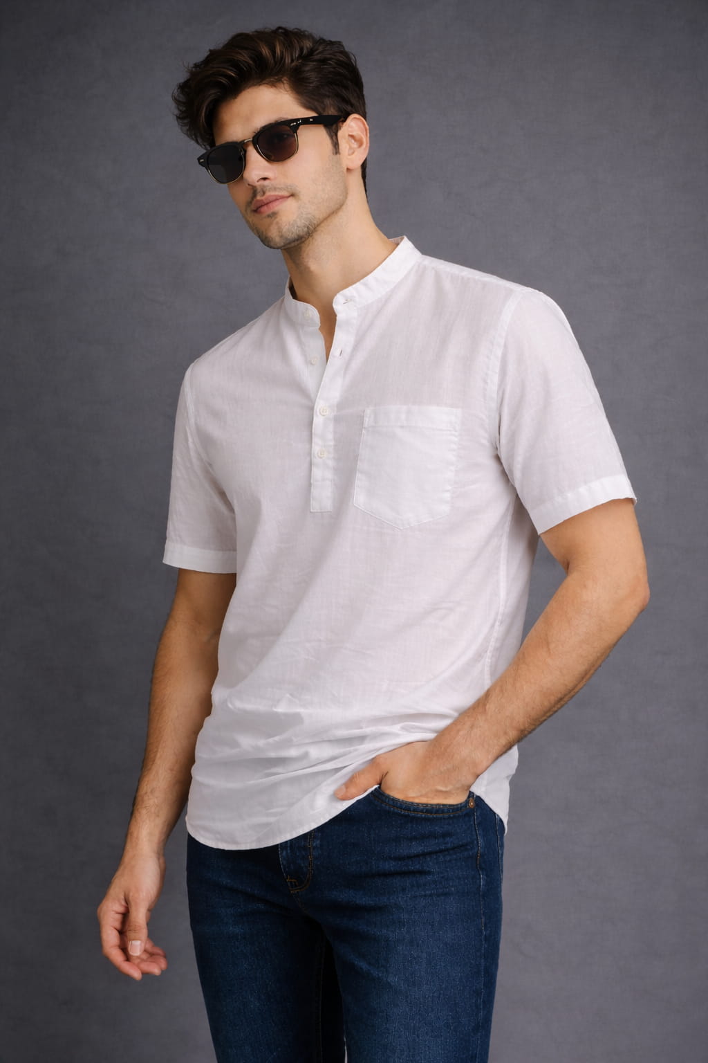 White Mandarin Collar Short Kurta
