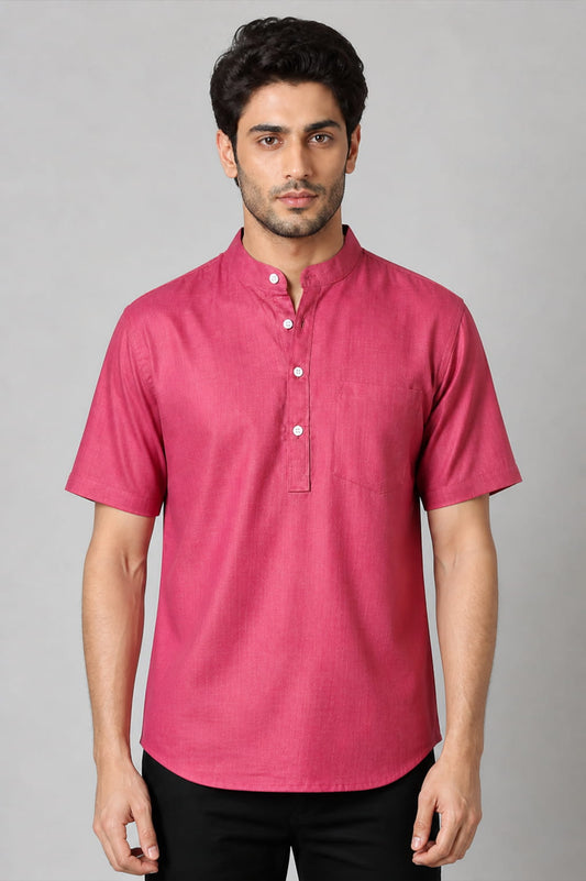 Men’s Rose Pink Mandarin Collar Cotton Short Kurta Shirt with Pocket